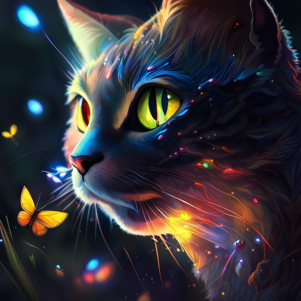 Hyperrealistic Cat with Fireflies in Colorful Light