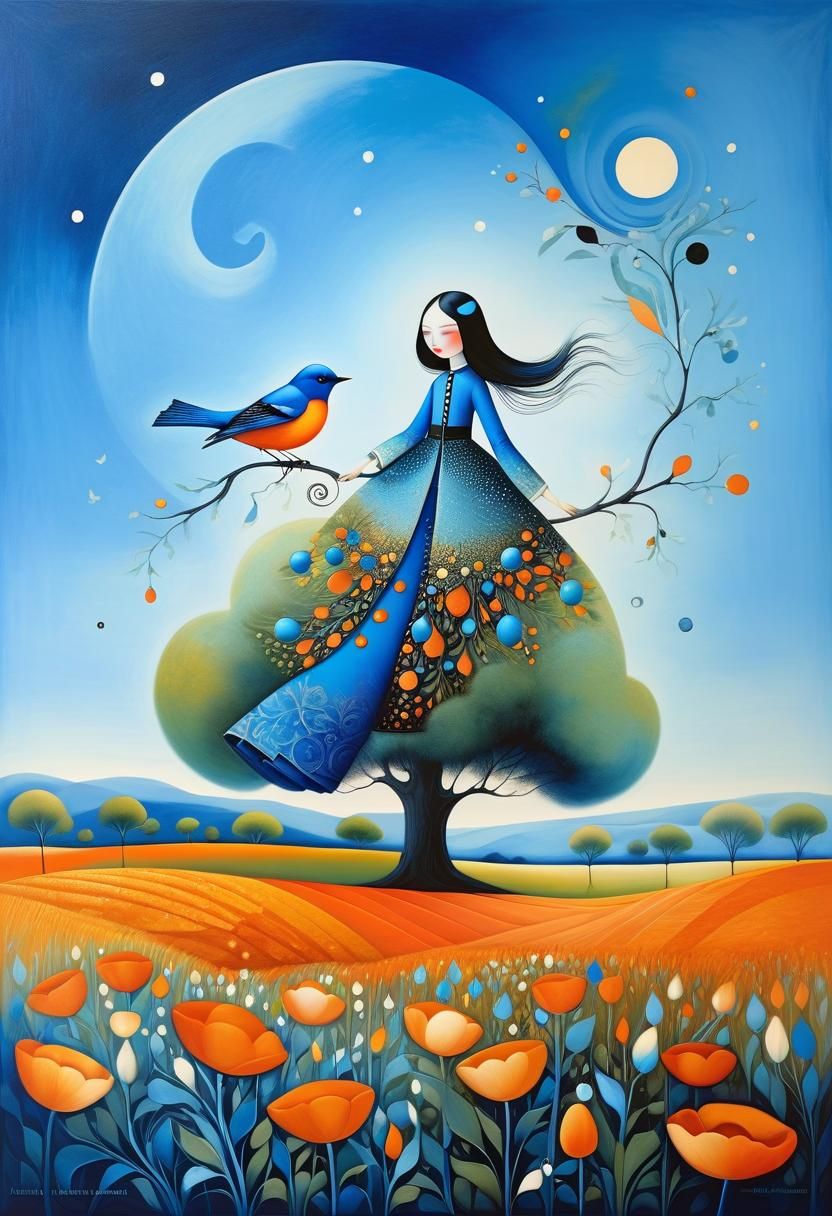 Azure Bluebird Portrait in Botanical Art Deco Style