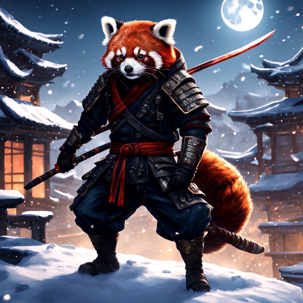 Red Panda Ninja Assassin on Snowy Rooftop
