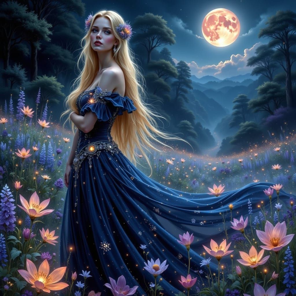 Majestic Elf Queen in Crystalline Field Under Blood Moon