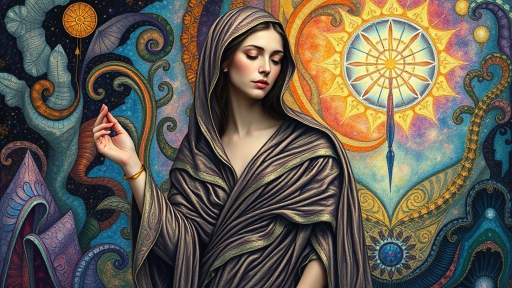 Serene Contemplative Figure in Elaborate Robes with Iridesce...