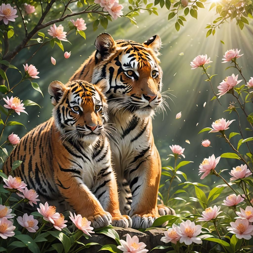 Blossom Showers: Mother and Baby Tiger