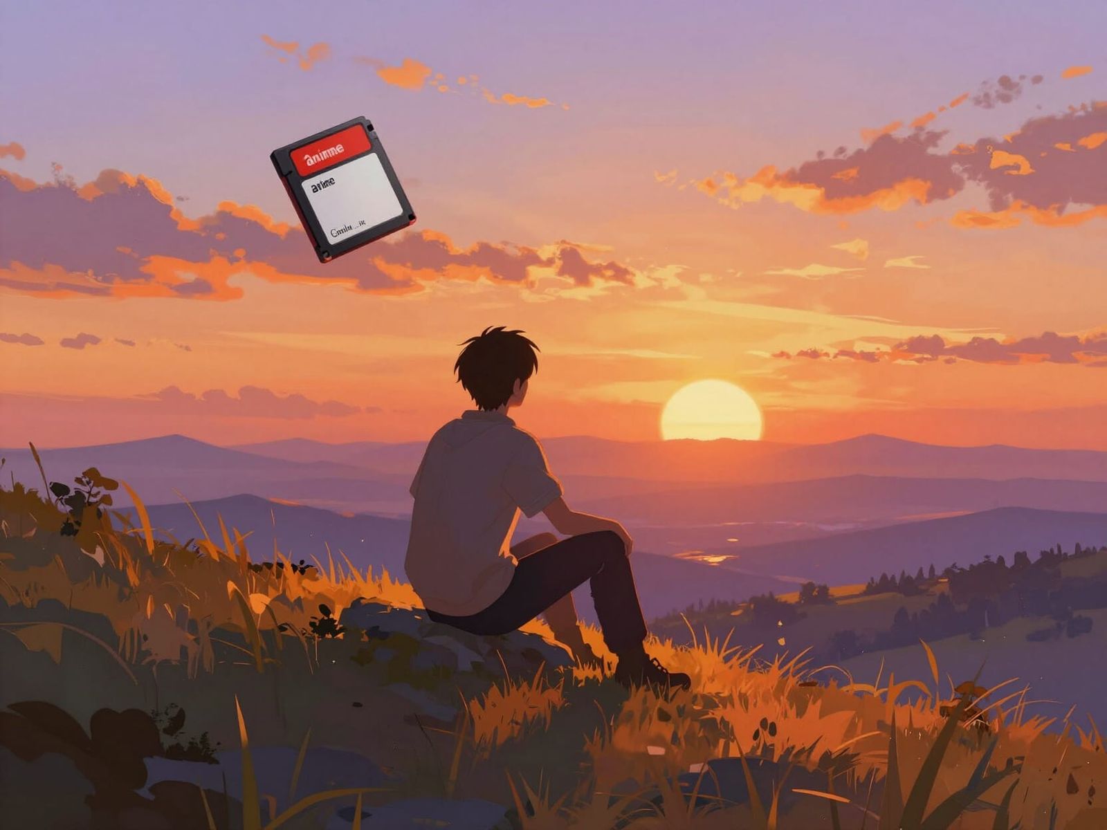 Man on Hill Reflects on Valley Sunset in Impressionistic Sty...