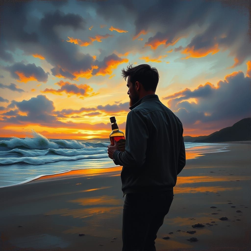 Man Walks Beach at Dusk with Whisky, Oil Painting