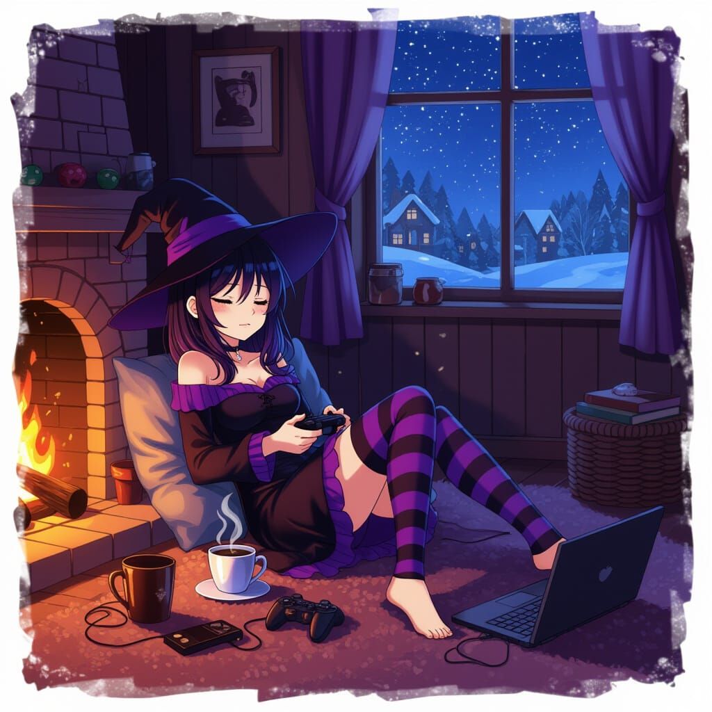 Cute Witch Sleeping by Fireplace in Emo Rock Home Style