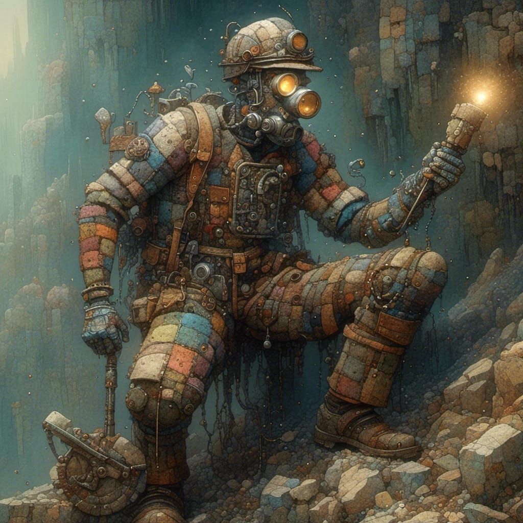 Steampunk Miner Drilling Rock Face