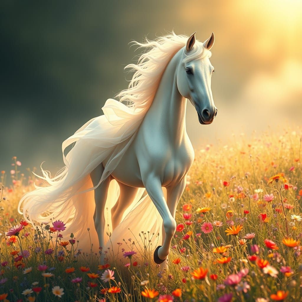 Dreamlike White Mare with Floral Crown
