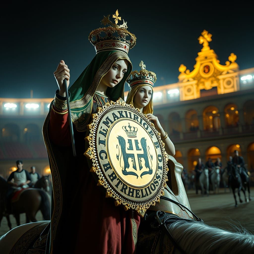 Virgins with Shield in Bullring: Hyperrealistic Style