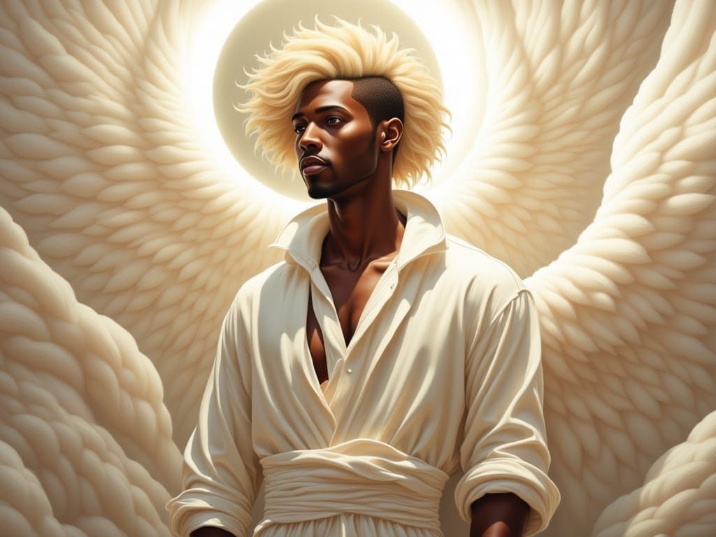 African American Angel with White Wings and Halo