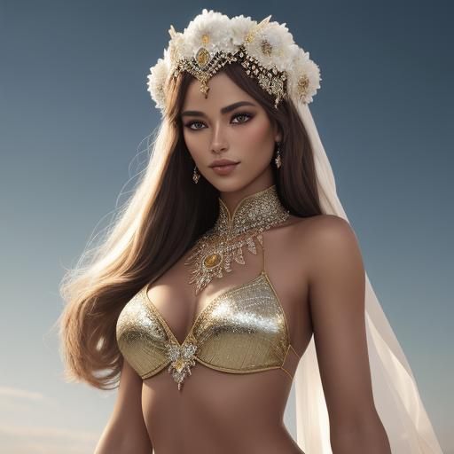 Sensual Brunette in White Bikini: Hyperrealistic Portrait