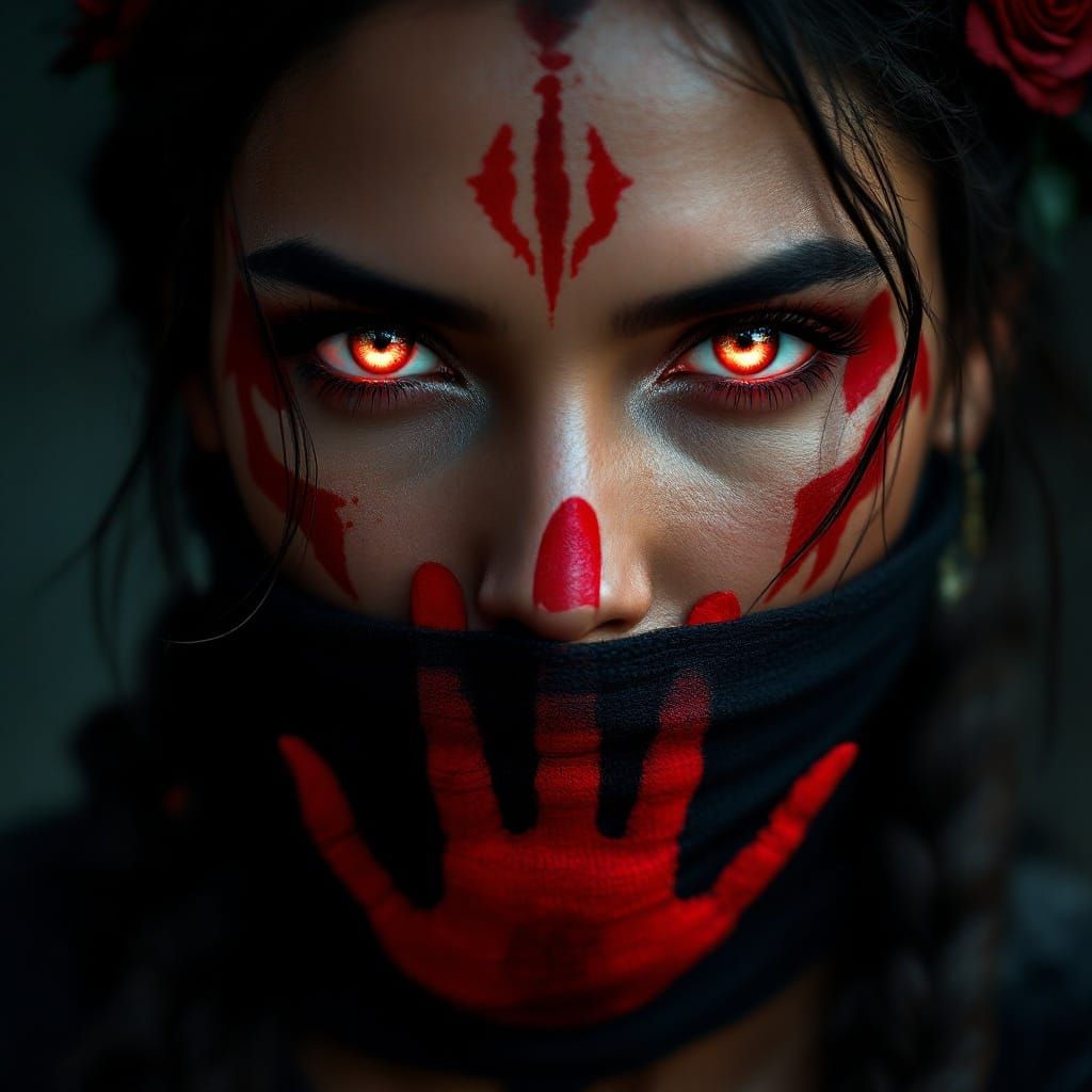 Native Woman in Red Roses and War Paint, Glowing Red Eyes