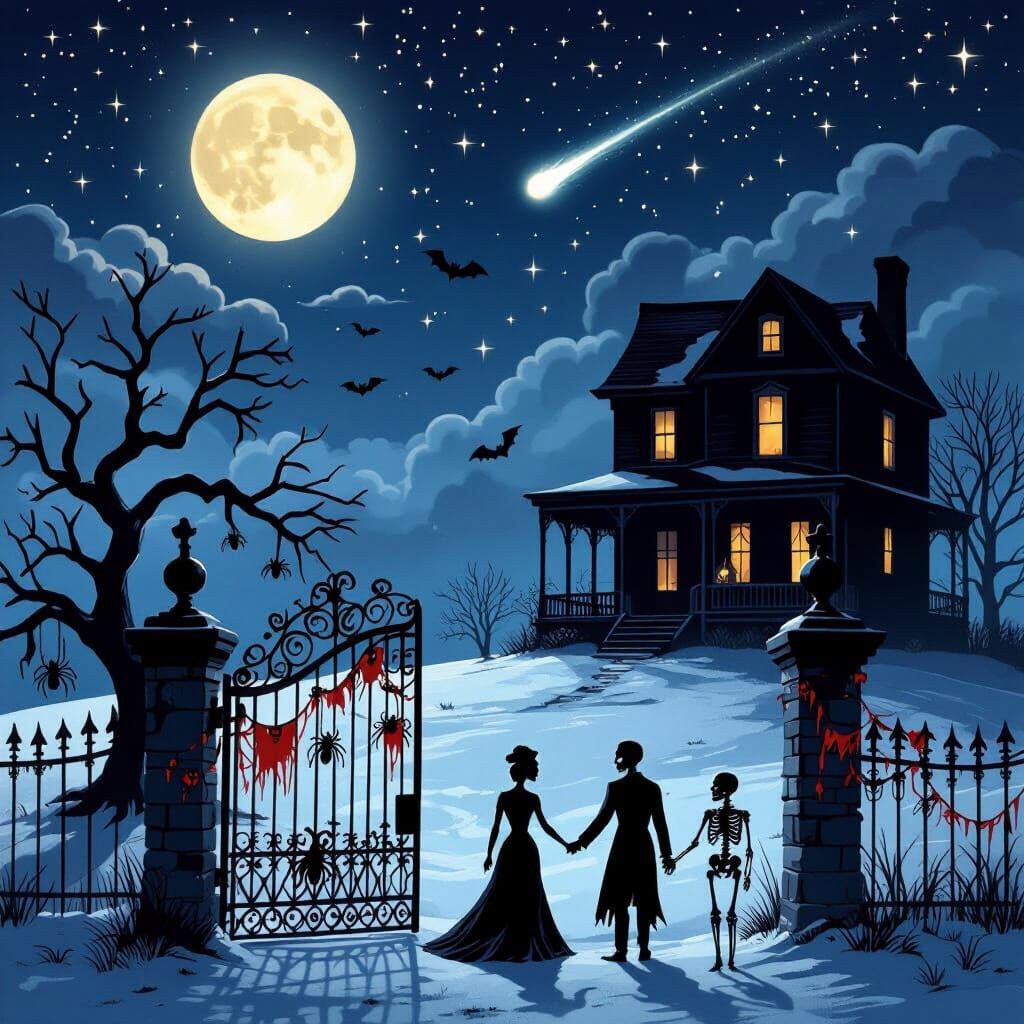 Romantic Haunted Night Ski Scene with Skeletons