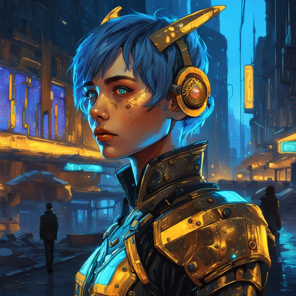 Steampunk Elf with Neon Reflections in Abandoned City