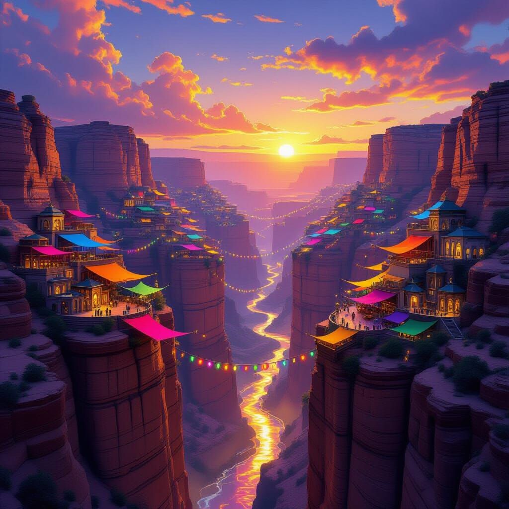 Colossal Fantasy City Carved Into Canyon Walls at Sunset