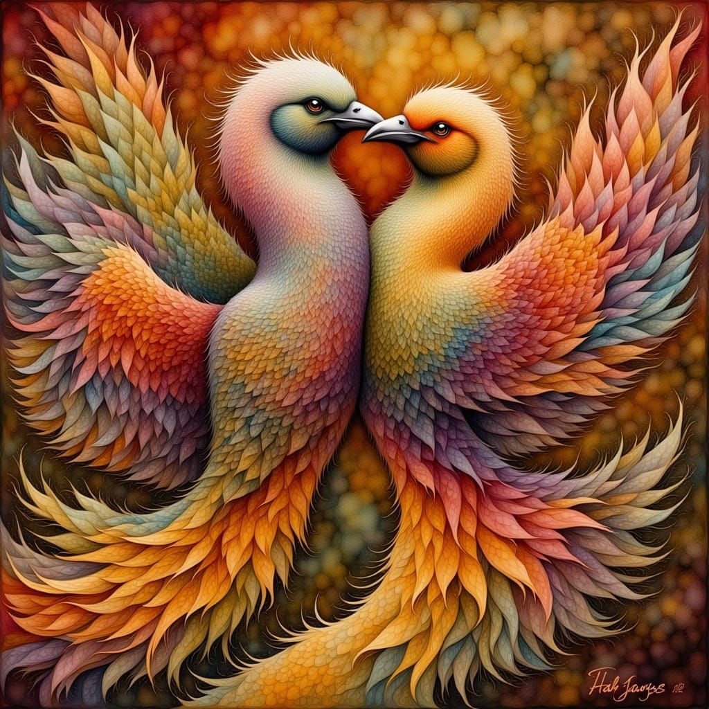 Entwined Birds in Liquid Ink Tapestry