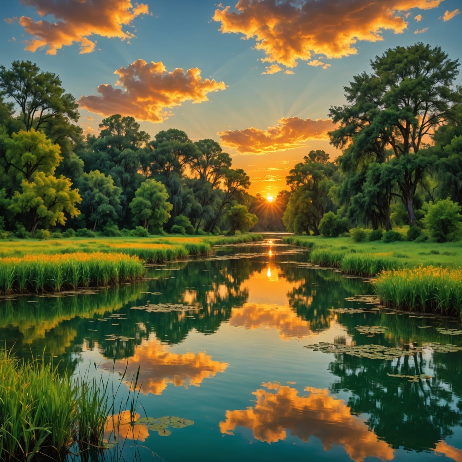Romantic Sunset Waterscape in Golden Hour