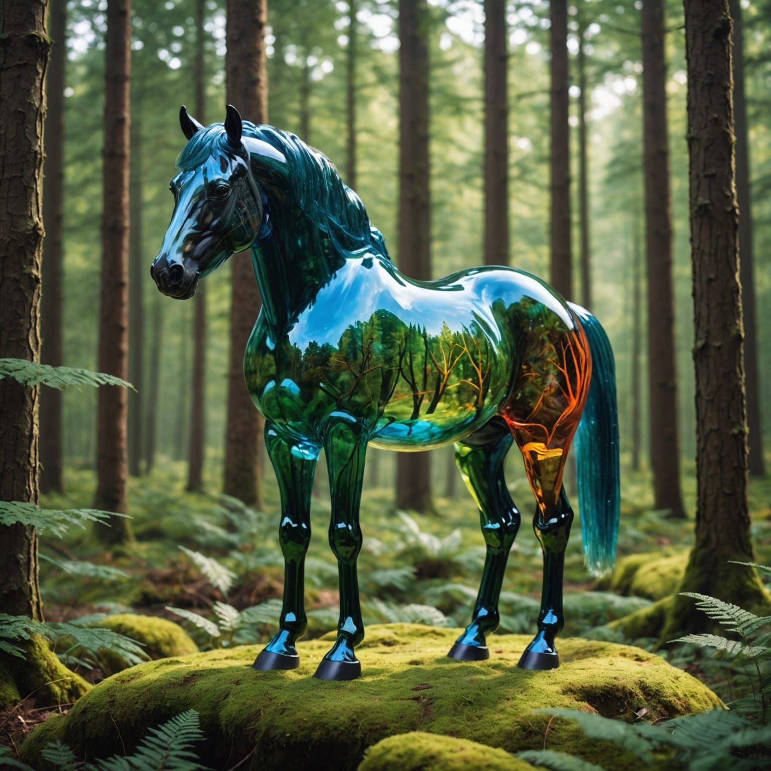 Glass Horse in Forest: A Realistic Colorful Scene
