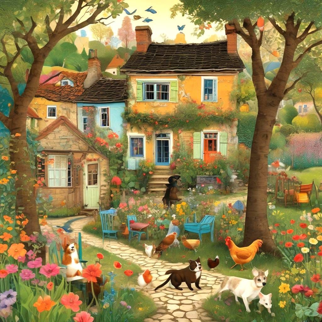 Blooming Village Scene in Naive Style