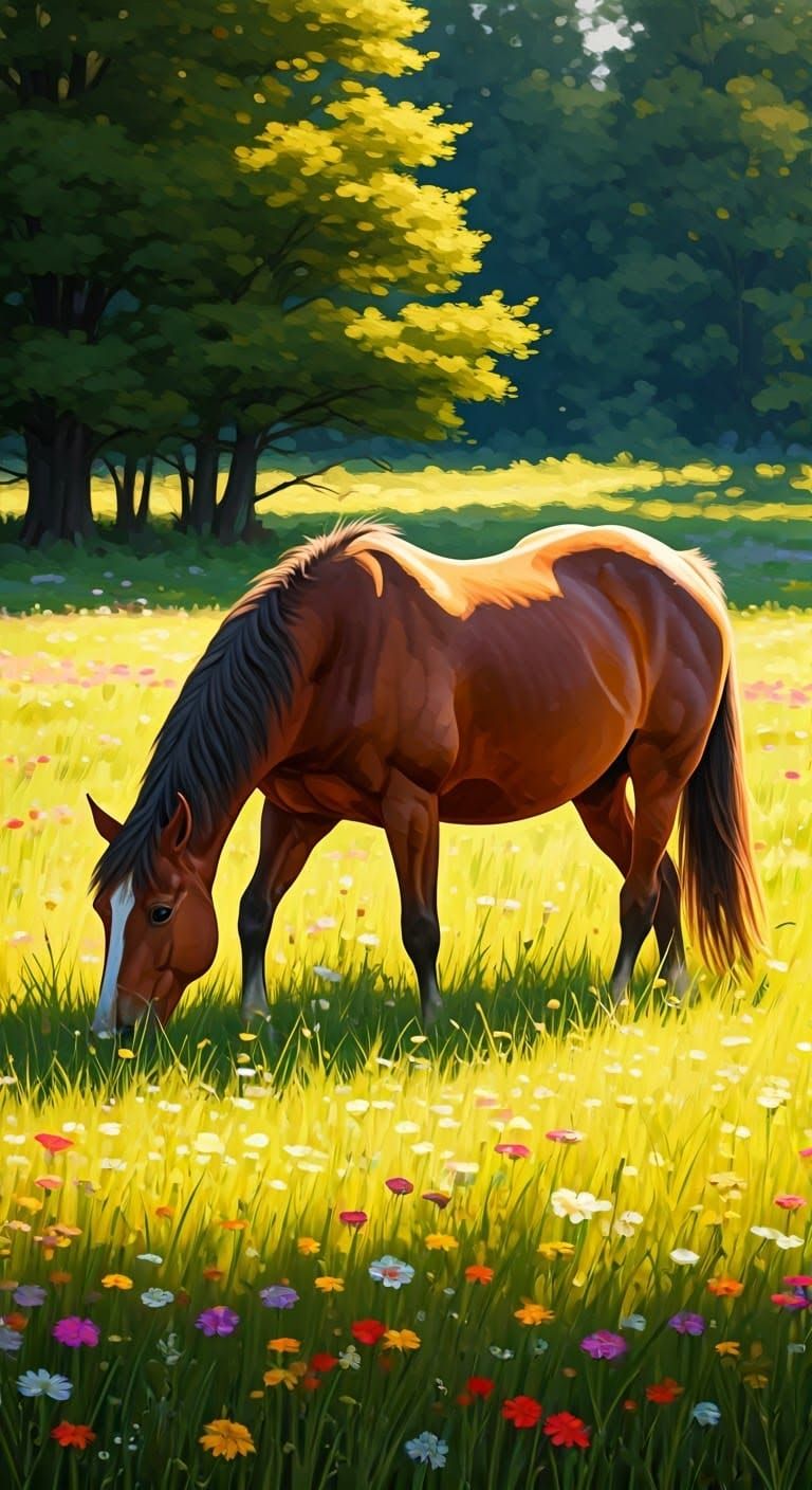 Horses Grazing in a Sun-Drenched Impressionistic Meadow