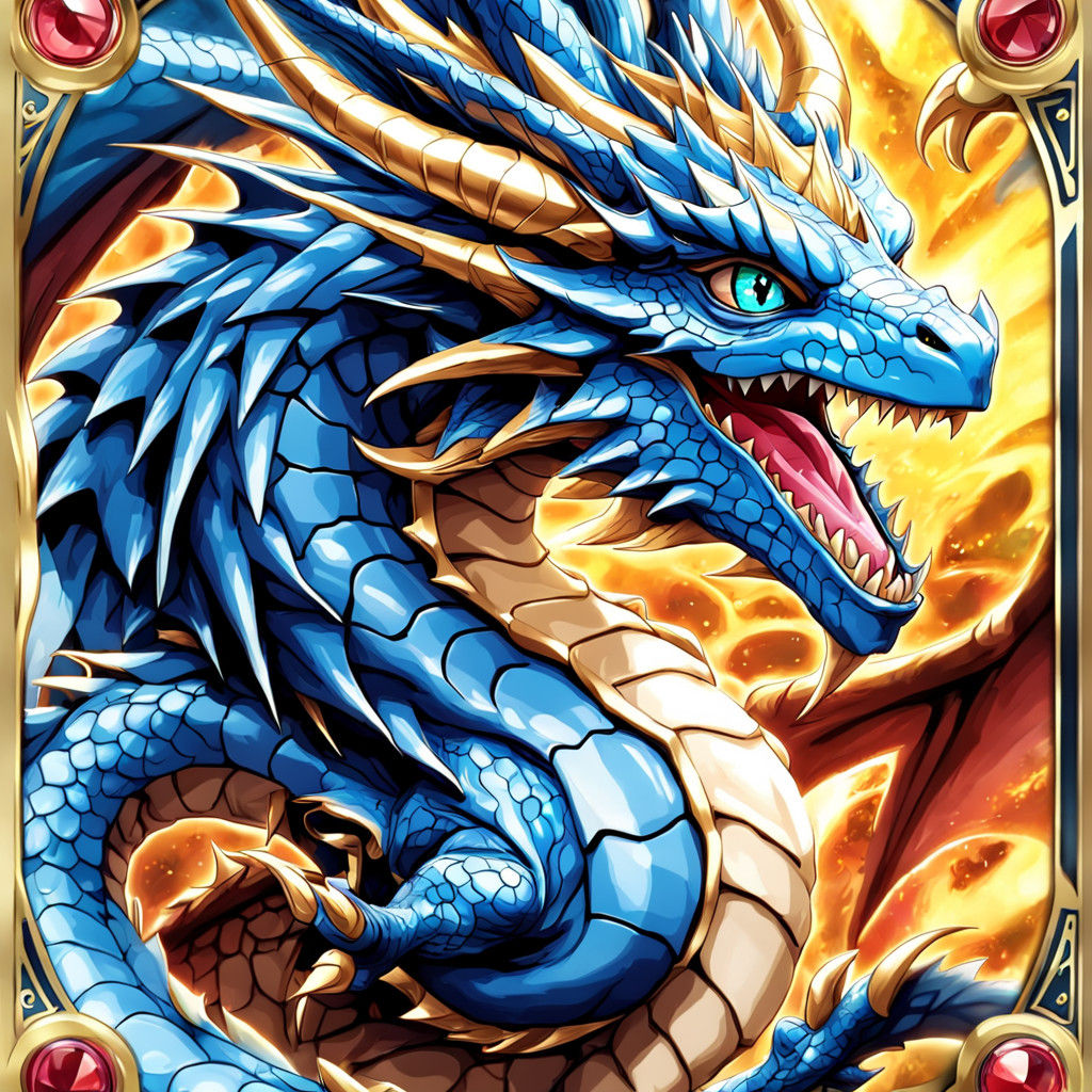Vibrant Anime-Style Blue Eyed Dragon Playing Card with Gold...