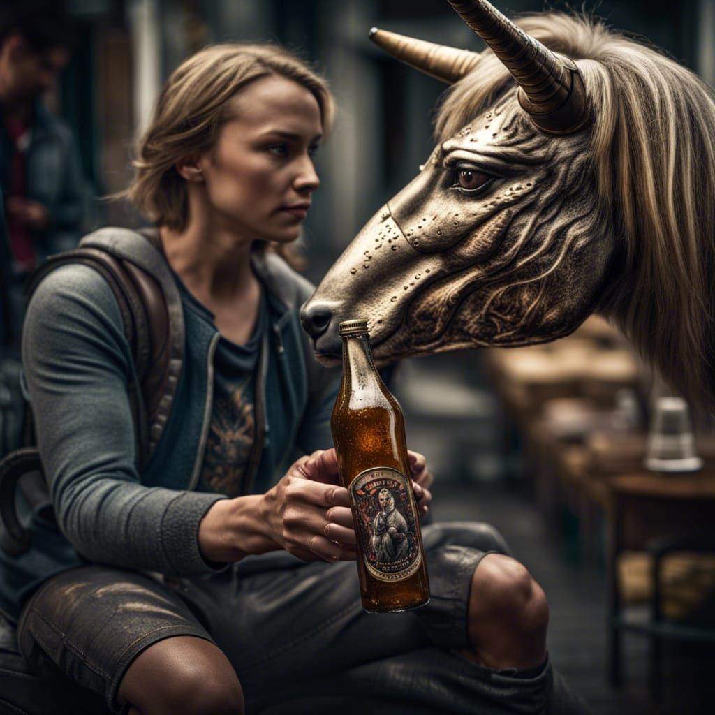 Bearded Man on Unicorn with Dancing Women