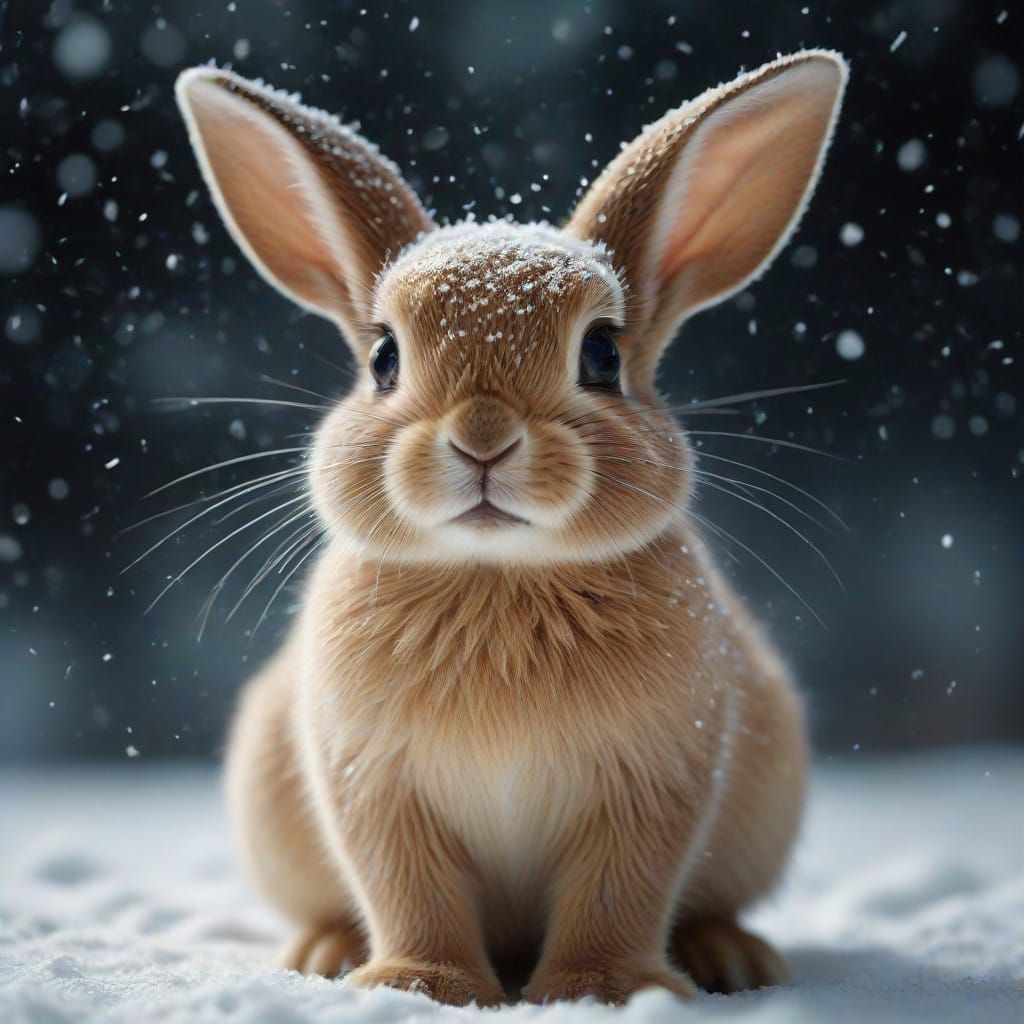 Serene Baby Rabbit in Winter Snowfall, Soft Brushwork