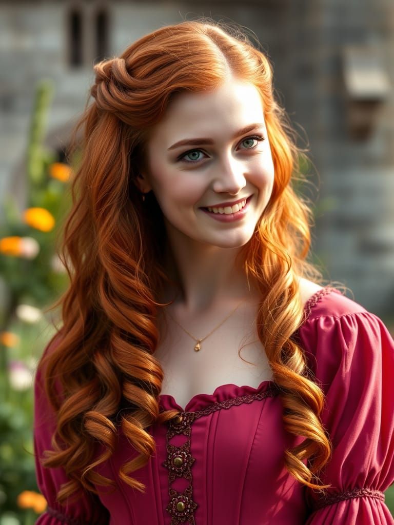 Medieval Lady Smiles in Castle Garden