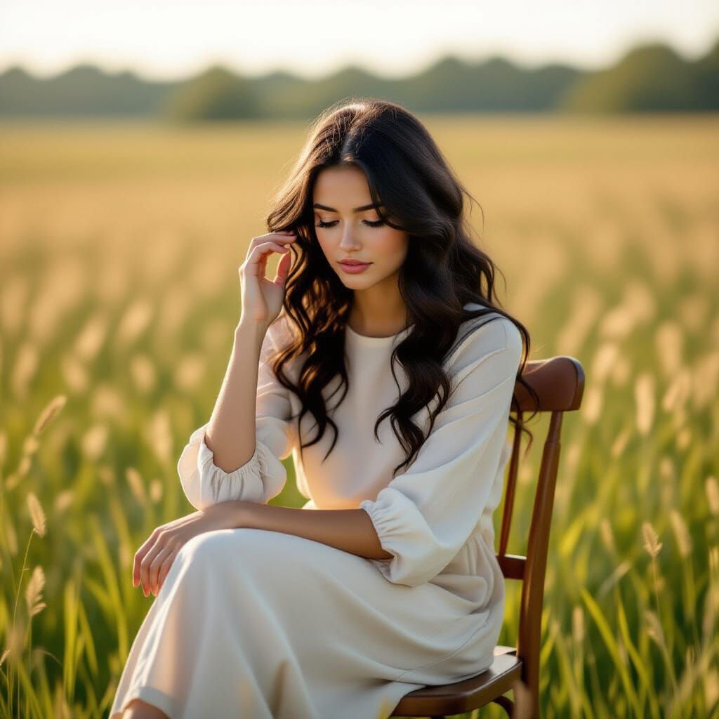 Pensive Young Woman in Grassy Field, Vintage Film Style