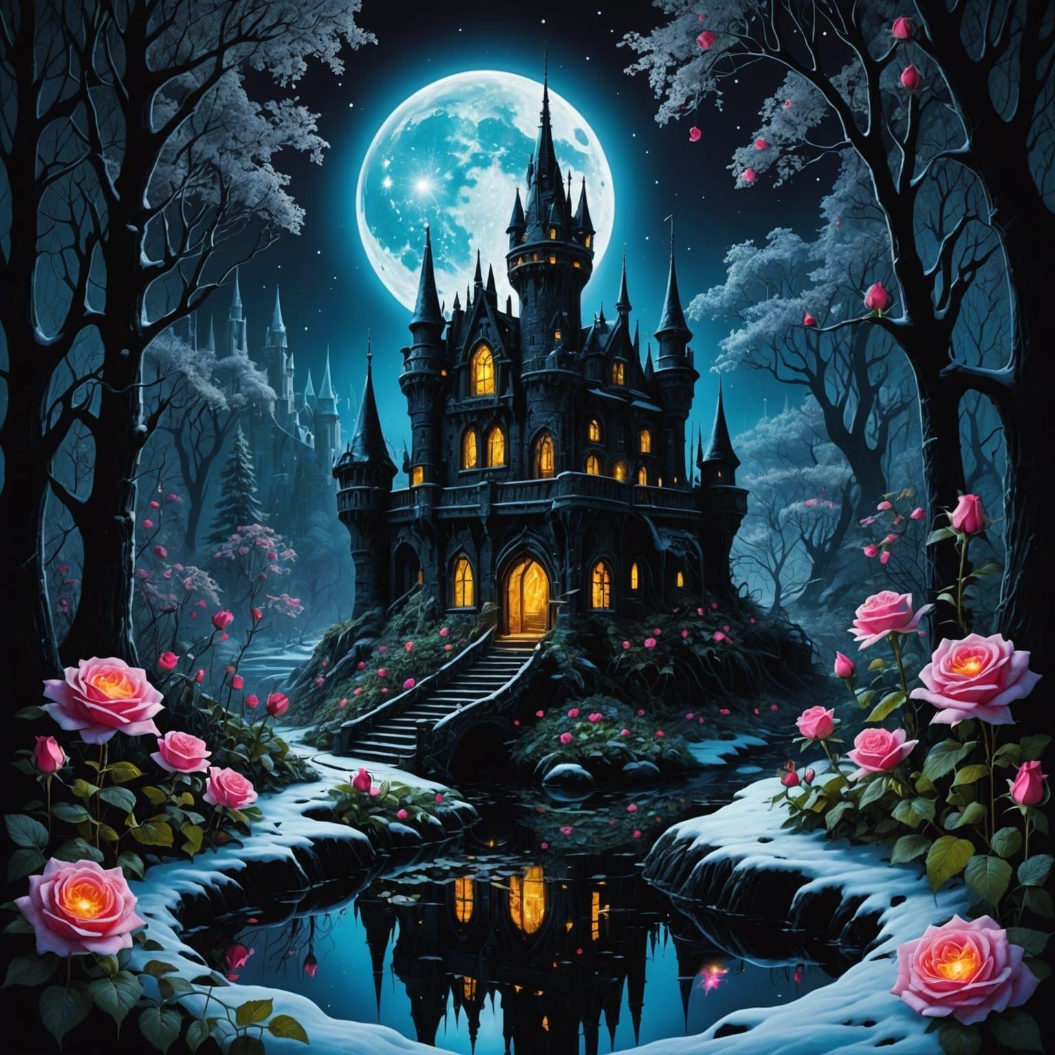 Dark faerie castle, Background fantasy landscape, Contained chaos in the cosmos, Moonlight reflected on snow, roses