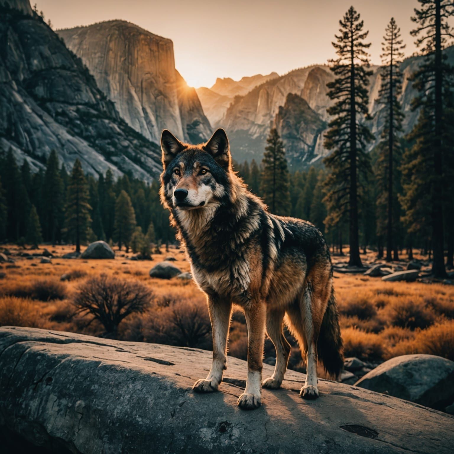 Dramatic Sunset in Yosemite with Wolf