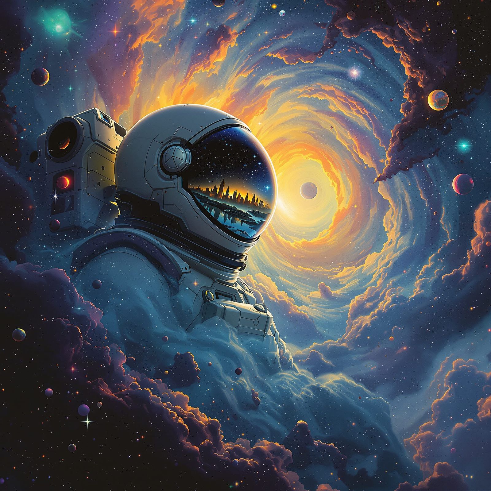 Astronaut Lost in Cosmic Ocean with Alien City