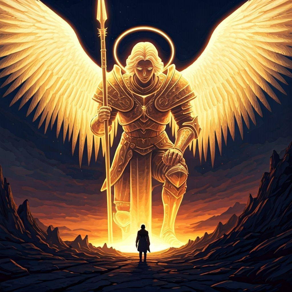 Giant Angel of Light Kneels in Dark Landscape