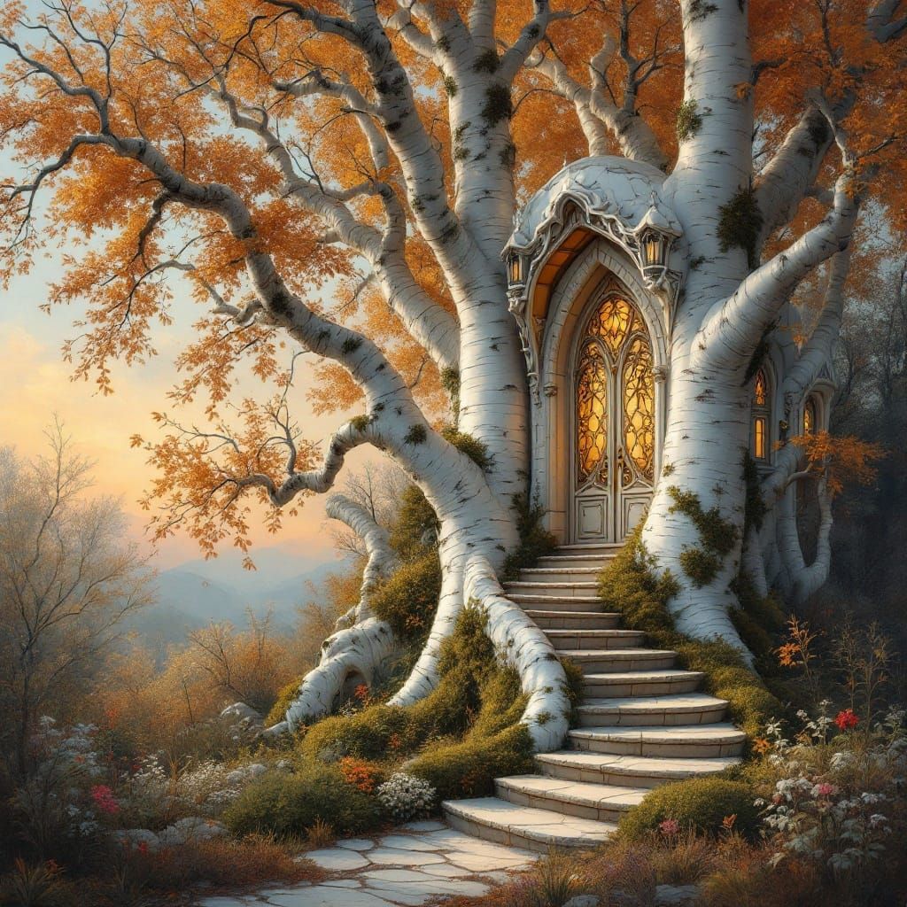 Exquisite Art Nouveau Birch Treehouse Palace in Autumn Splen...