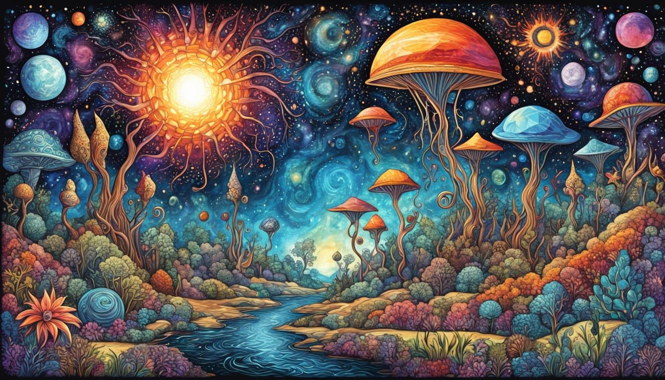 Psychedelic Alien Flora in Cosmic Oil Painting