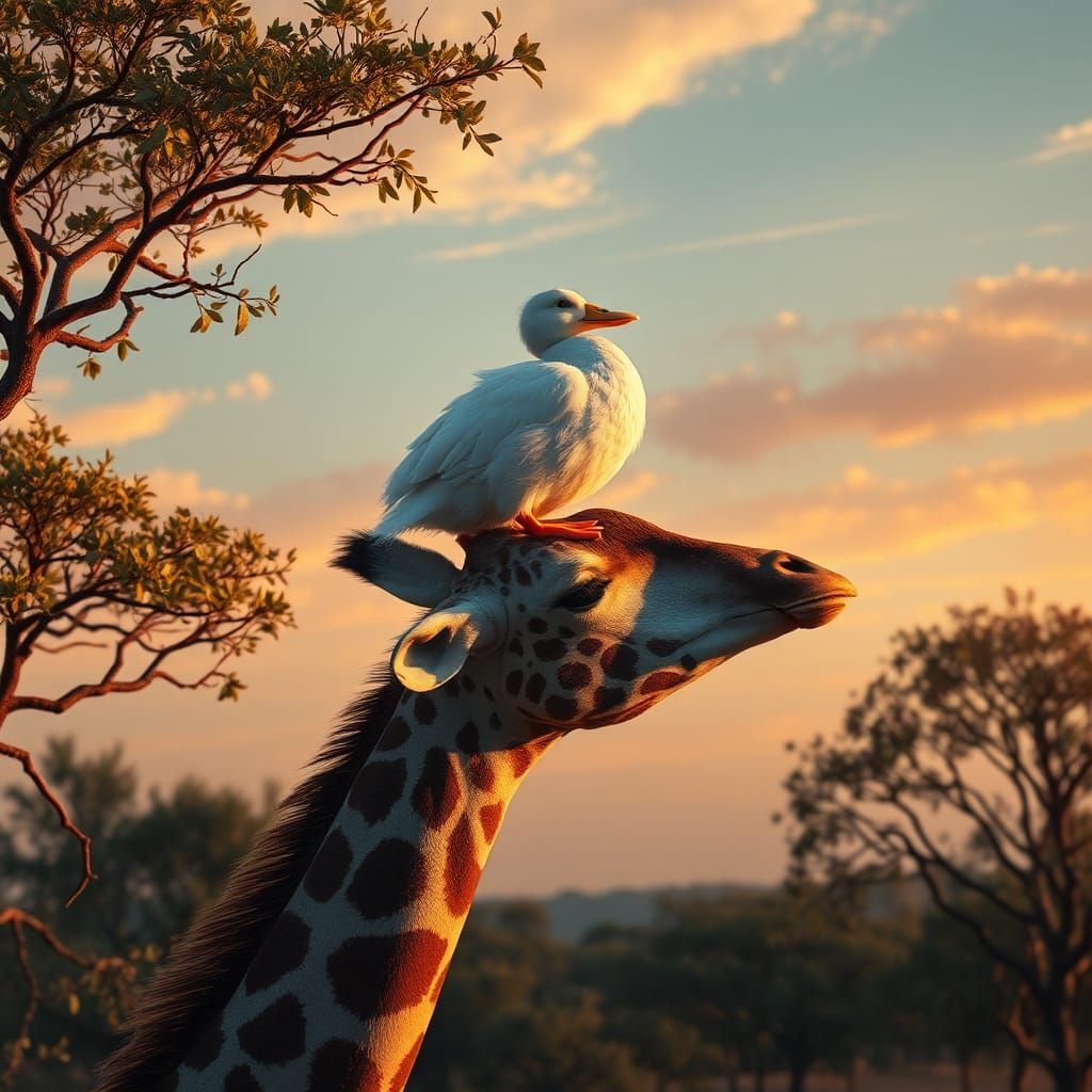 Duck and Giraffe in a Fantasy Savannah