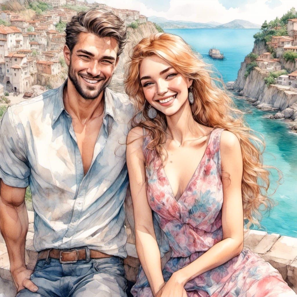 Couple in Love Posing in Coastal Town on Sunny Day