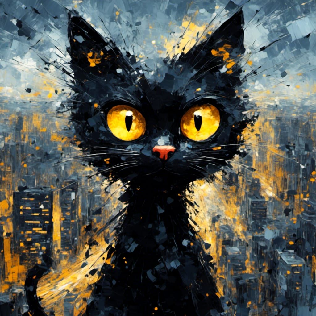 Black Cat with Yellow Eyes in Impressionist Style