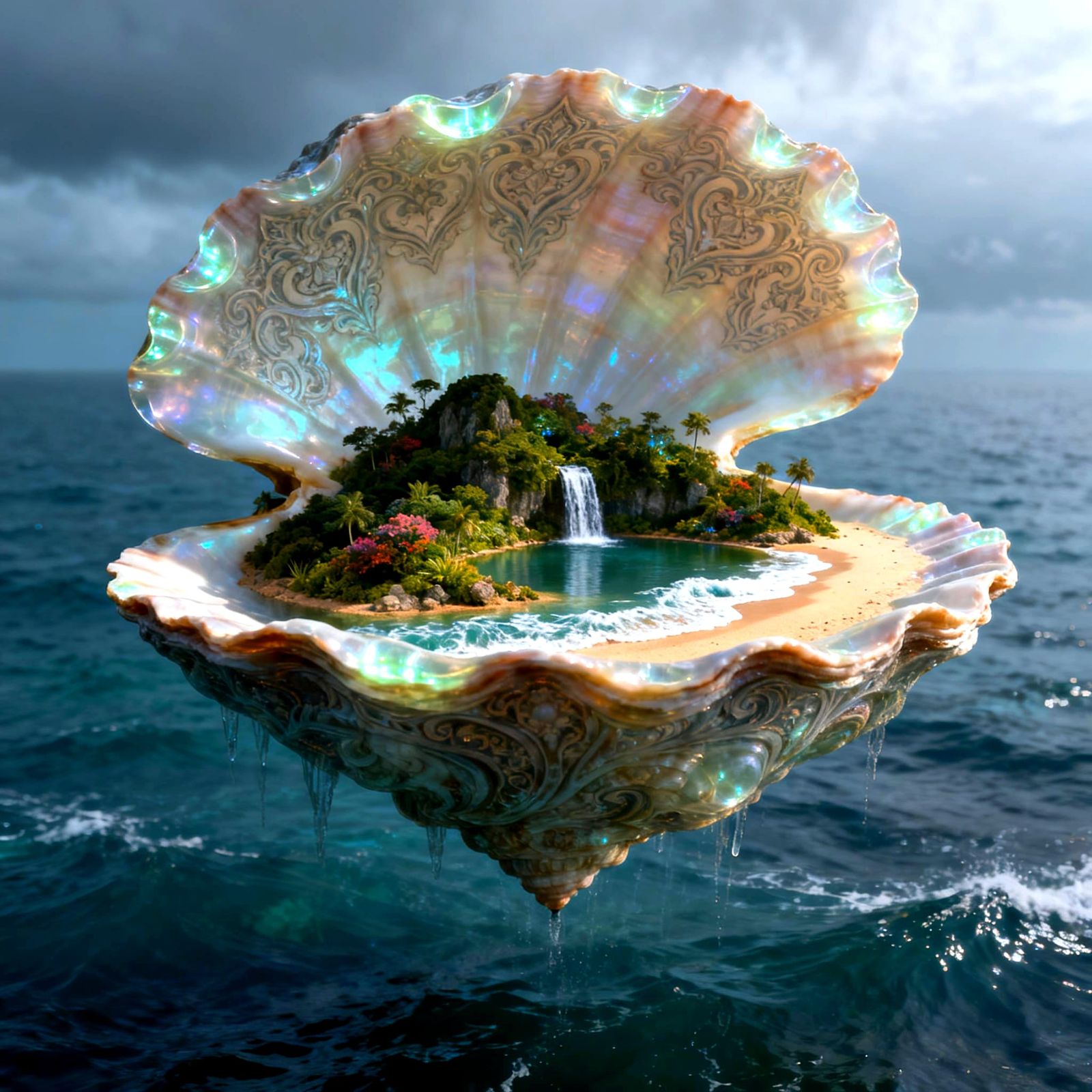 Ethereal Floating Island within Sacred Shell
