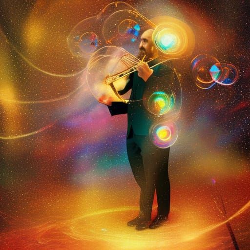 Surreal Violinist in Stormy Church with Cosmic Bubbles