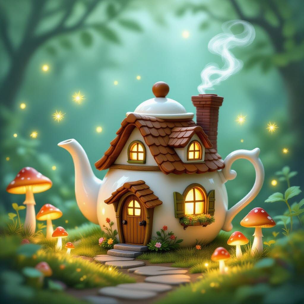 Enchanted Cottage Teapot Among Glowing Mushrooms