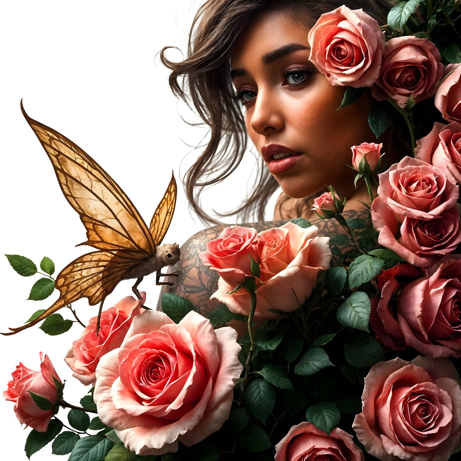 Romantic Fantasy Scene with Rockfairy and Woman in Roses