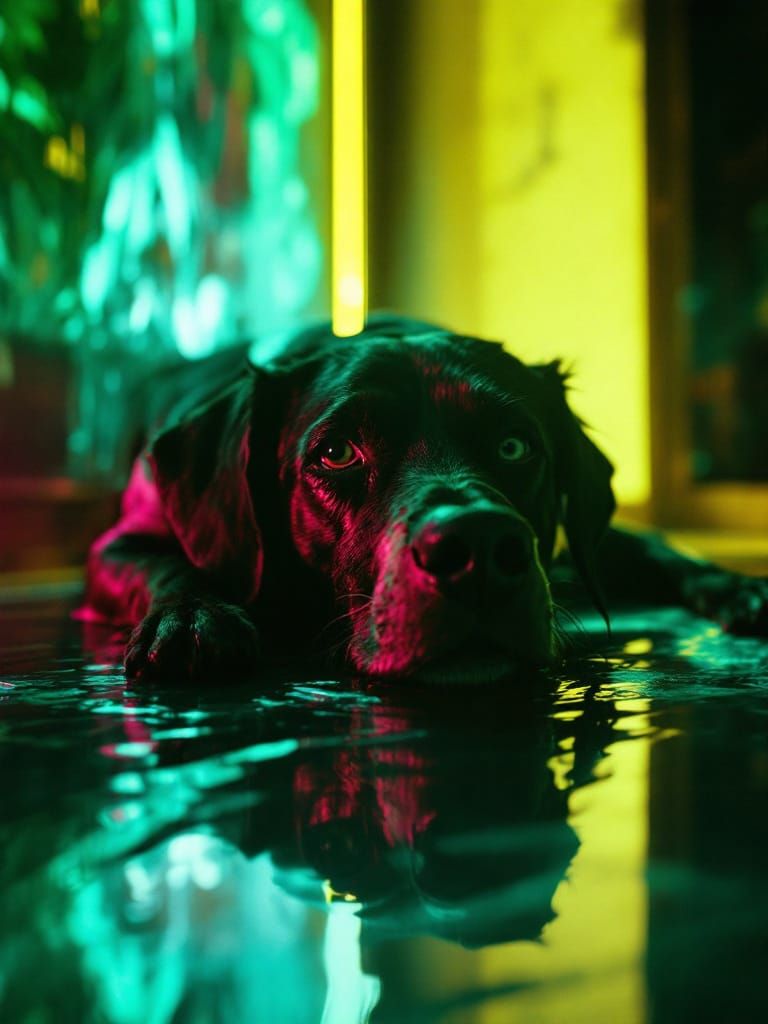 Neon Dog Rests on Mirror Water in Film Noir Style