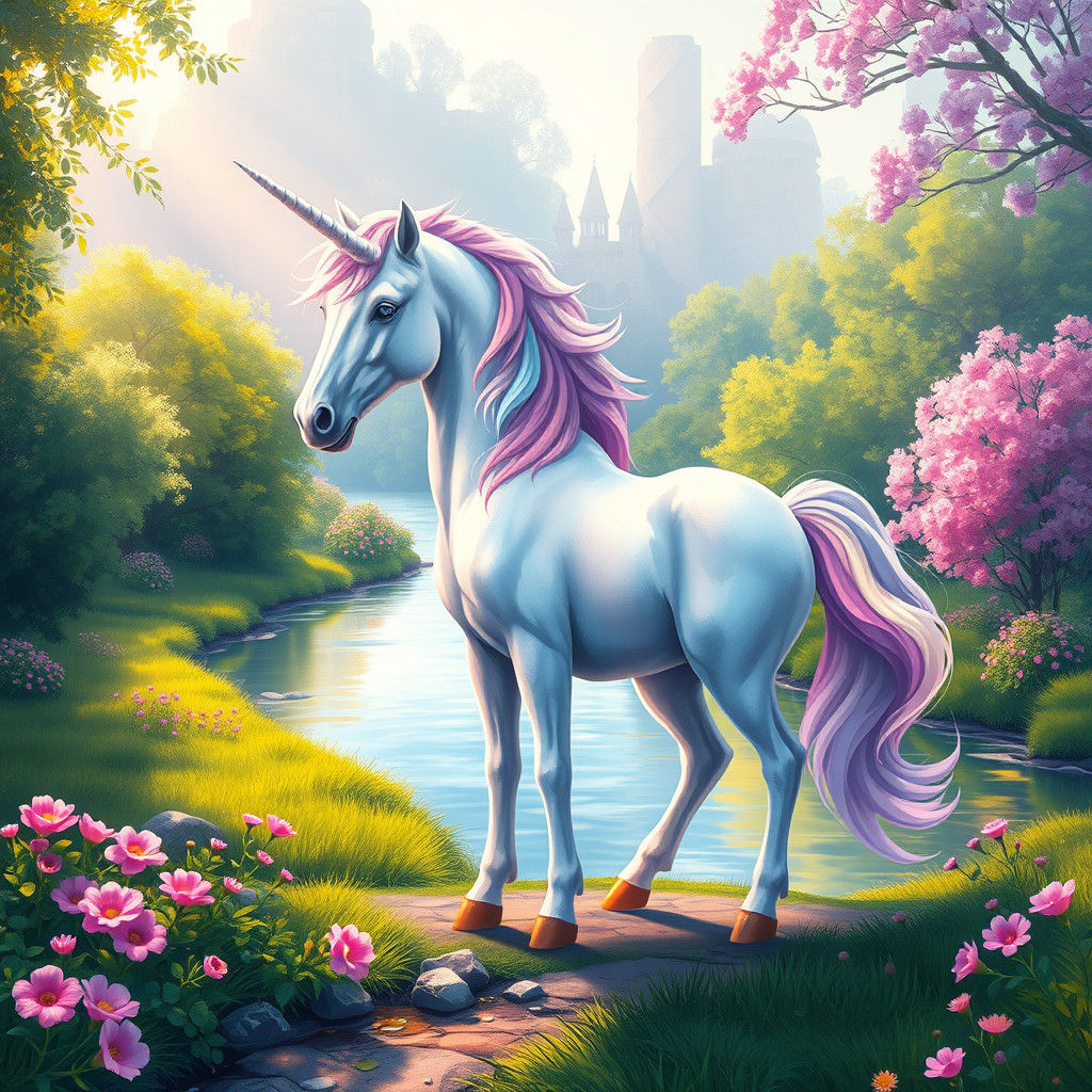 Unicorn on Riverbank in Impressionistic Style