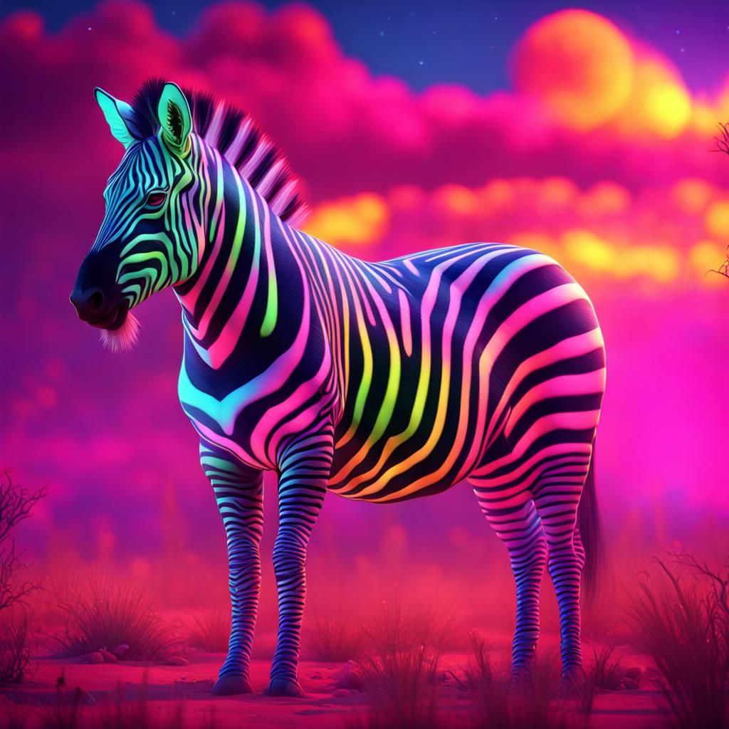 Neon Zebra in a Fantastical Neon Savanna