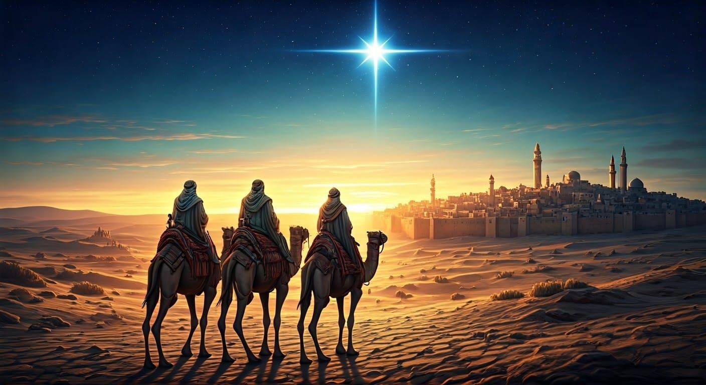 Wise Men Journey to Bethlehem Under Guiding Star