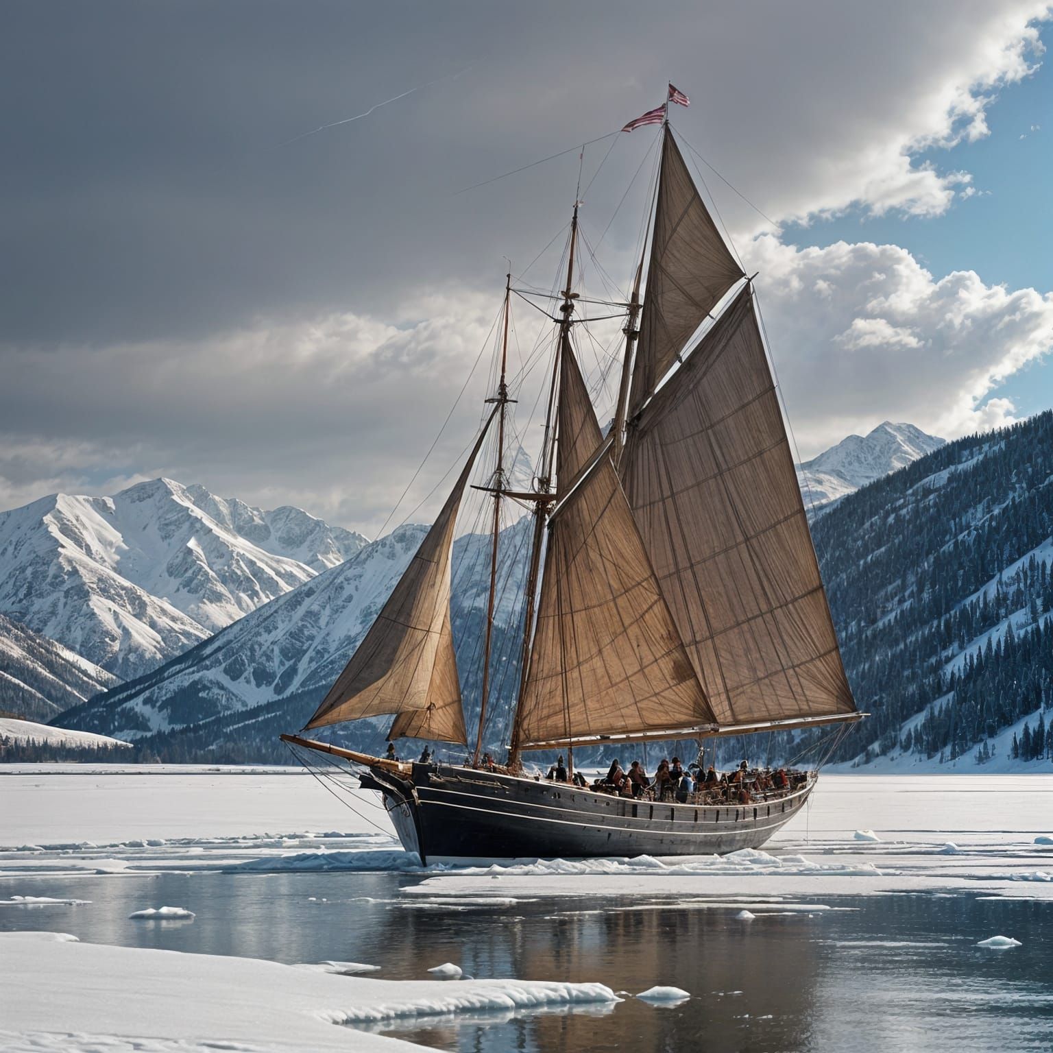 Schooner Glides Across Icy Lake in Futuristic Scene