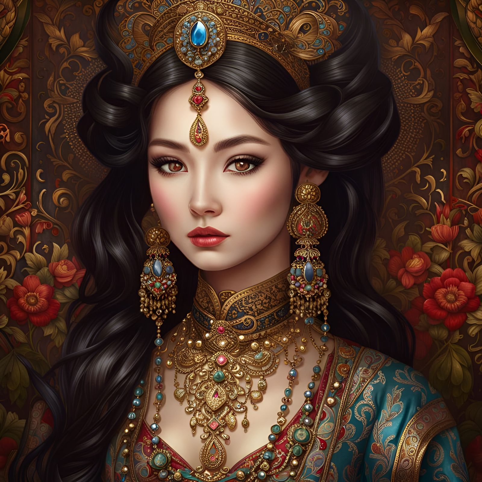 Portrait of a Beautiful Oriental Princess with Extravagant Gemstone Jewellery