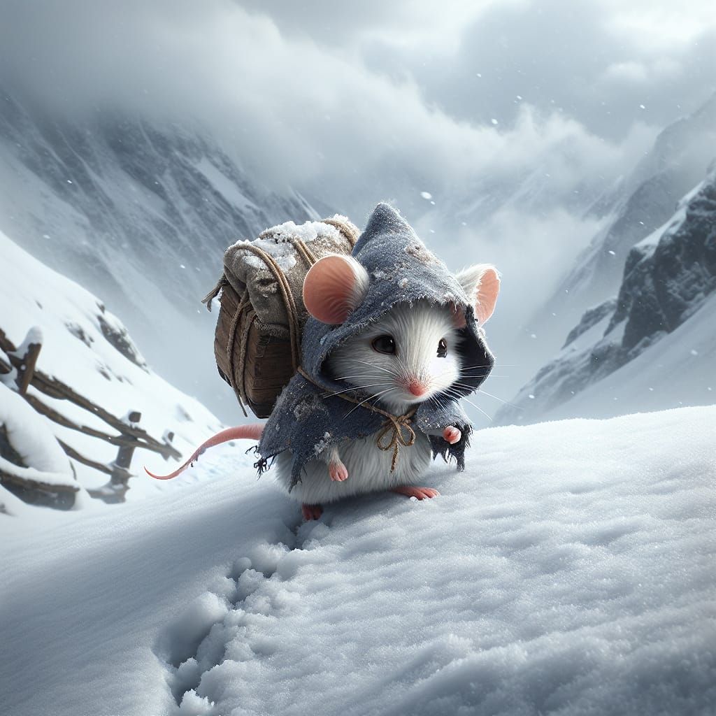 Mouse's Winter Journey Through Snowy Mountains