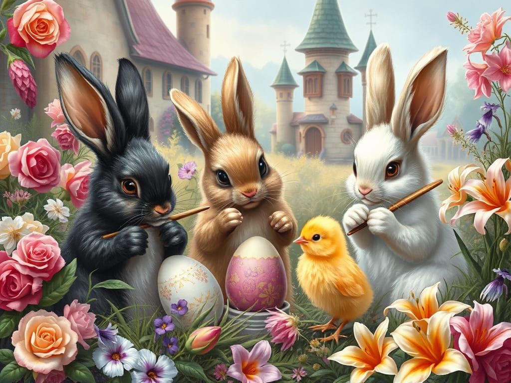 Easter Bunnies Painting Eggs in Fairytale World