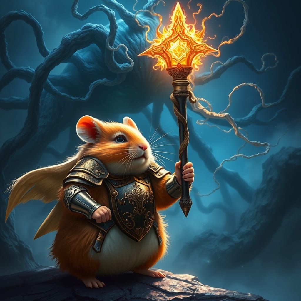 Majestic Hamster Battles Ominous Rizzler in Dreamlike Realm